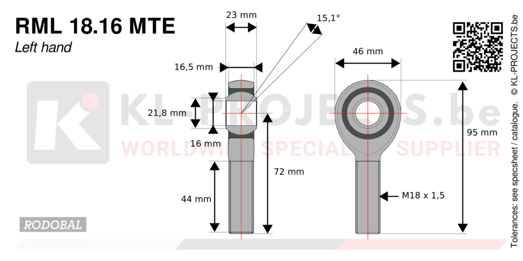 Rodobal RML18.16MTE male rod end drawing with dimensions