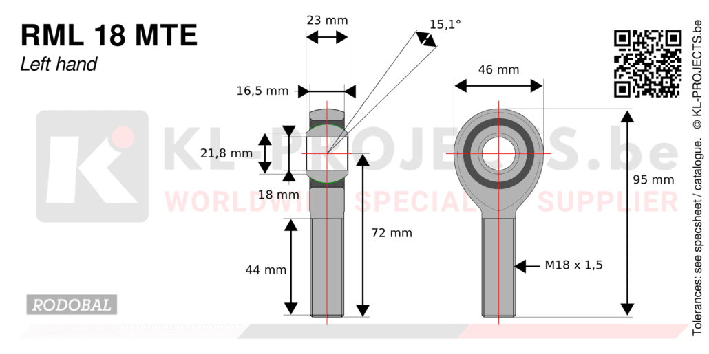 Rodobal RML18MTE male rod end drawing with dimensions