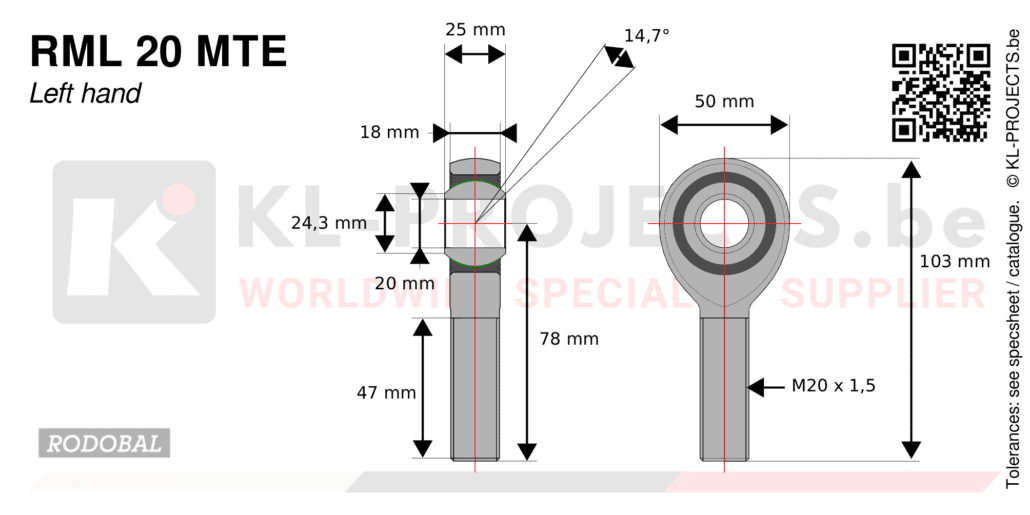 Rodobal RML20MTE male rod end drawing with dimensions