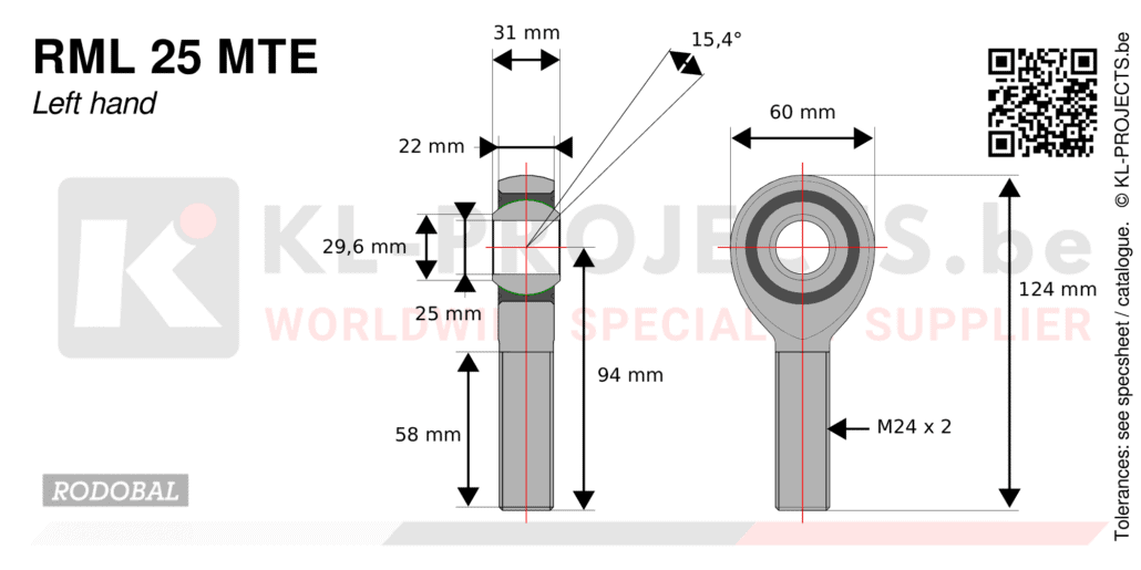 Rodobal RML25MTE male rod end drawing with dimensions