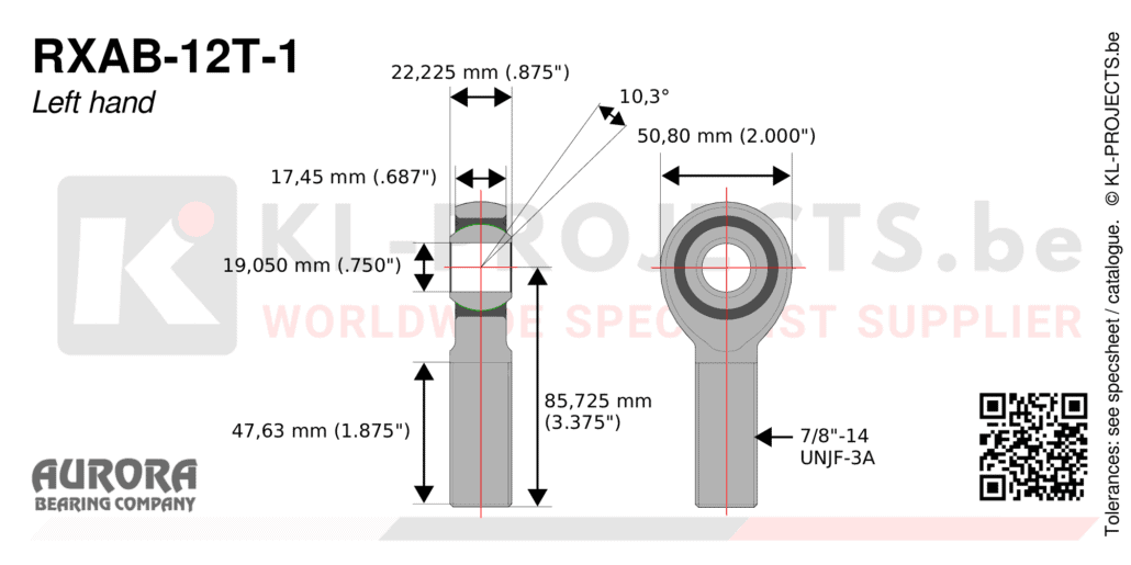 Aurora RXAB-12T-1 male rod end drawing with dimensions