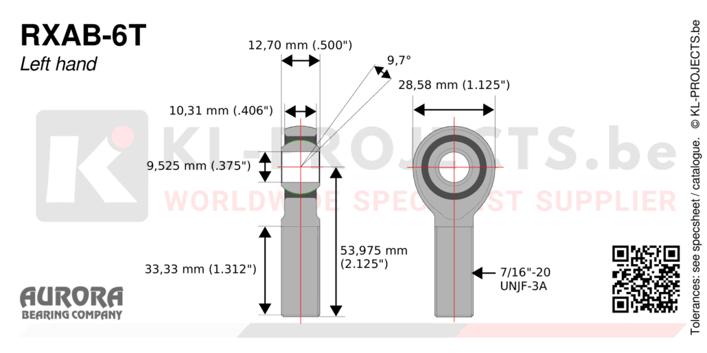 Aurora RXAB-6T male rod end drawing with dimensions