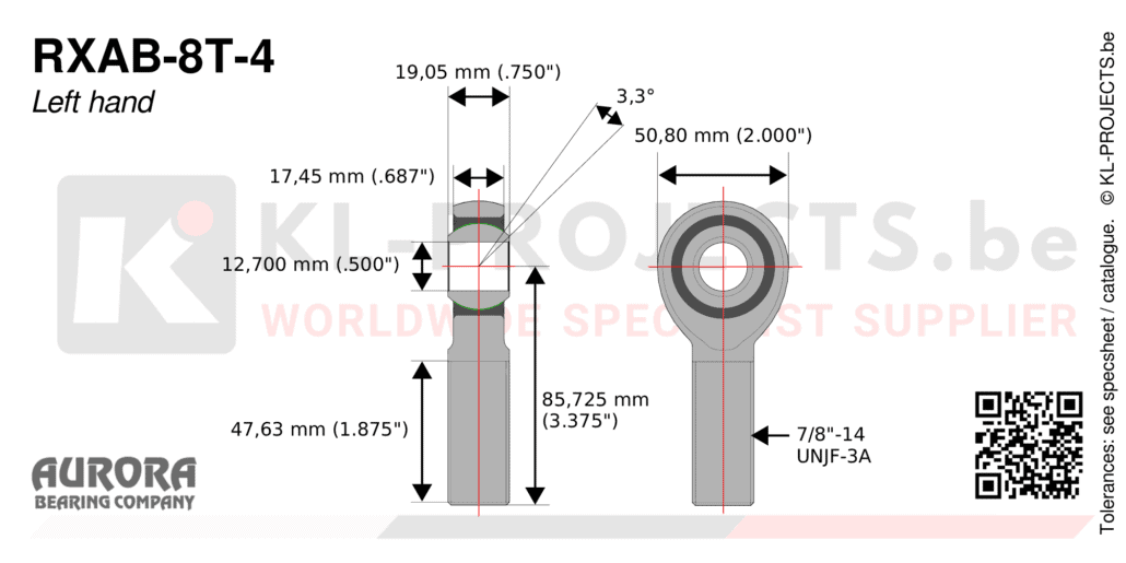 Aurora RXAB-8T-4 male rod end drawing with dimensions