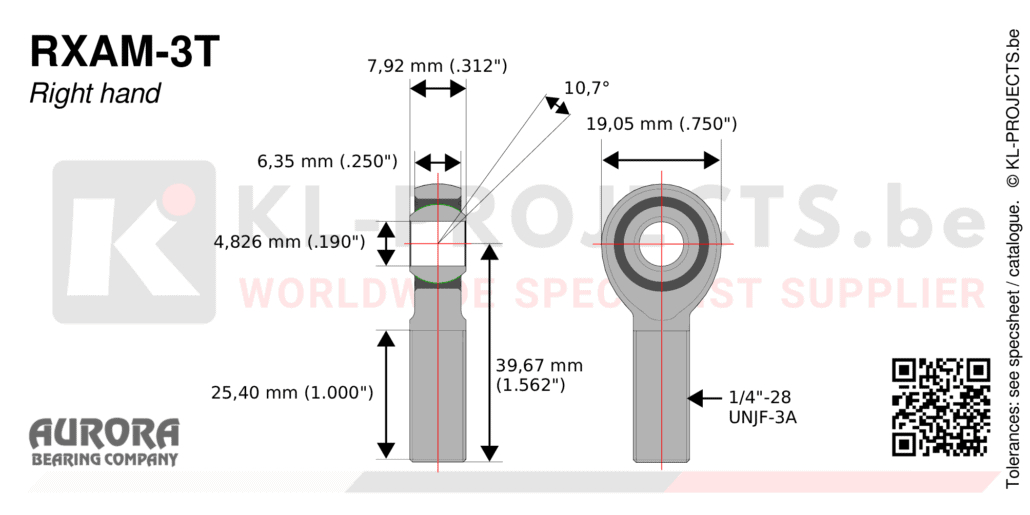 Aurora RXAM-3T male rod end drawing with dimensions