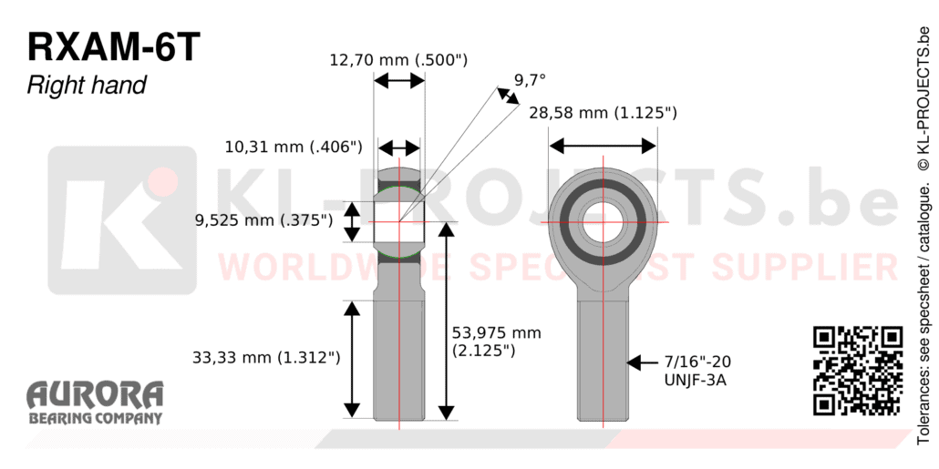 Aurora RXAM-6T male rod end drawing with dimensions