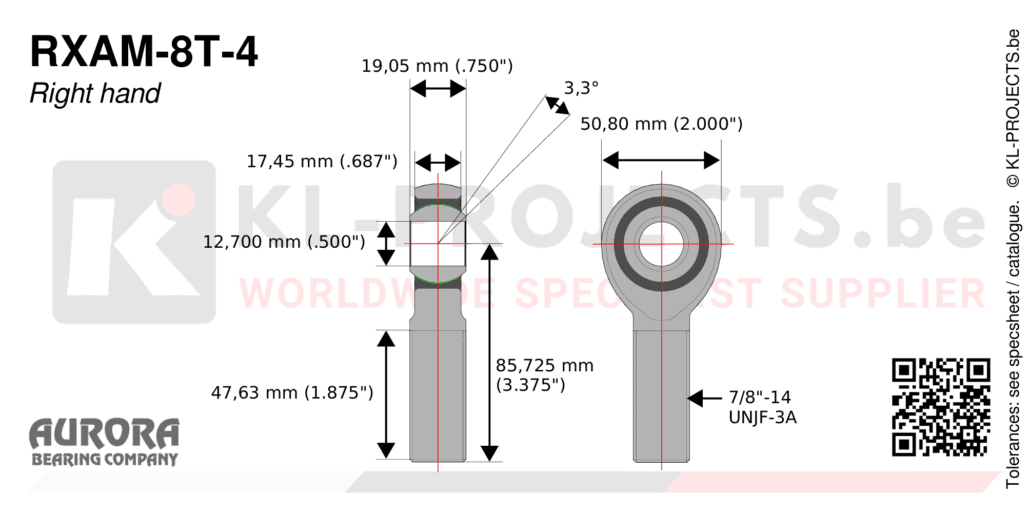 Aurora RXAM-8T-4 male rod end drawing with dimensions
