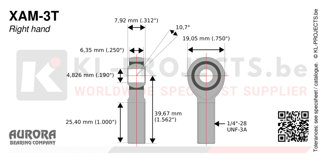 Aurora XAM-3T male rod end drawing with dimensions