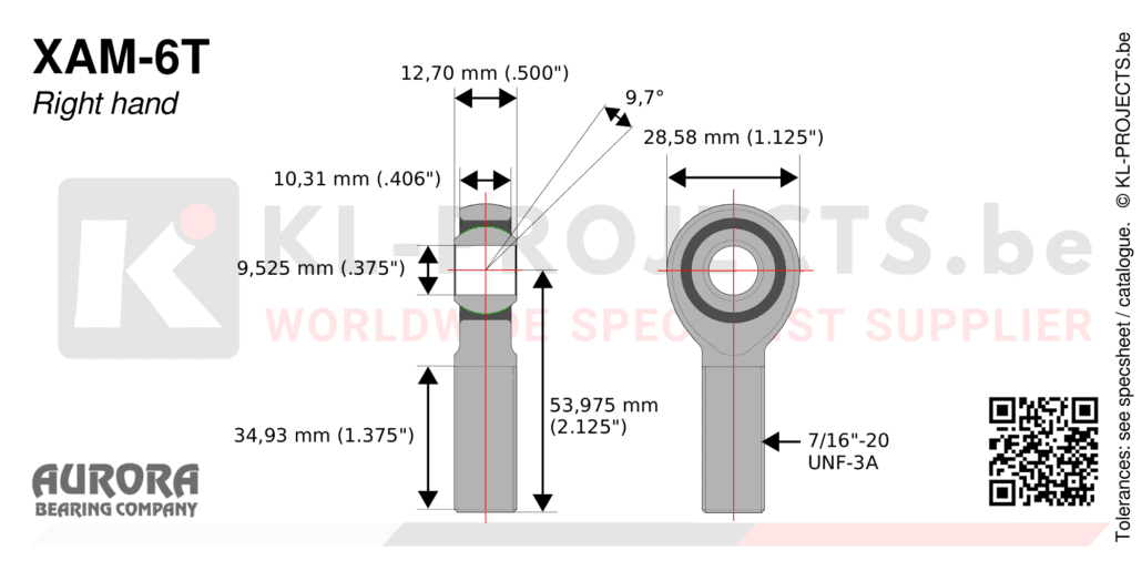 Aurora XAM-6T male rod end drawing with dimensions
