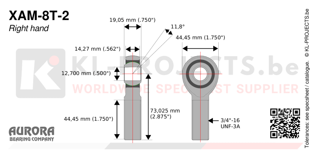 Aurora XAM-8T-2 male rod end drawing with dimensions
